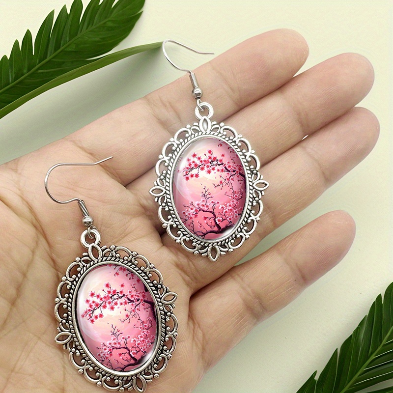 Moon Cherry Blossom Tree Oval Dangle Earrings, Handcrafted